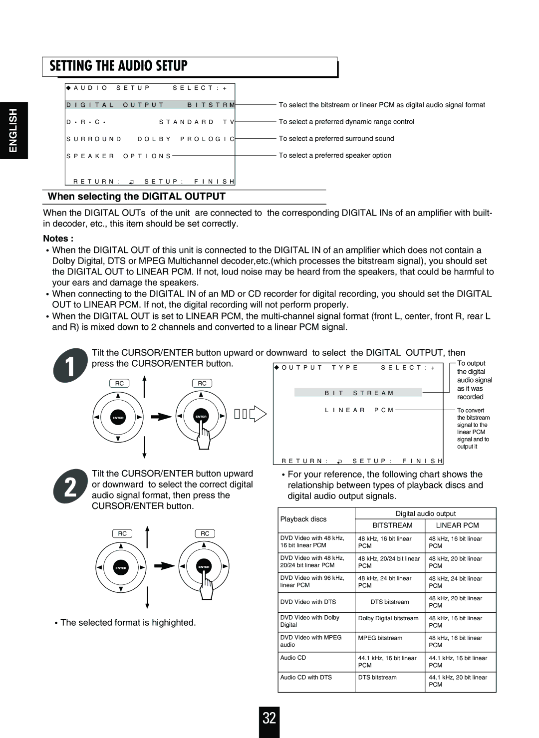 Sherwood V-756 manual Setting the Audio Setup, When selecting the Digital Output 