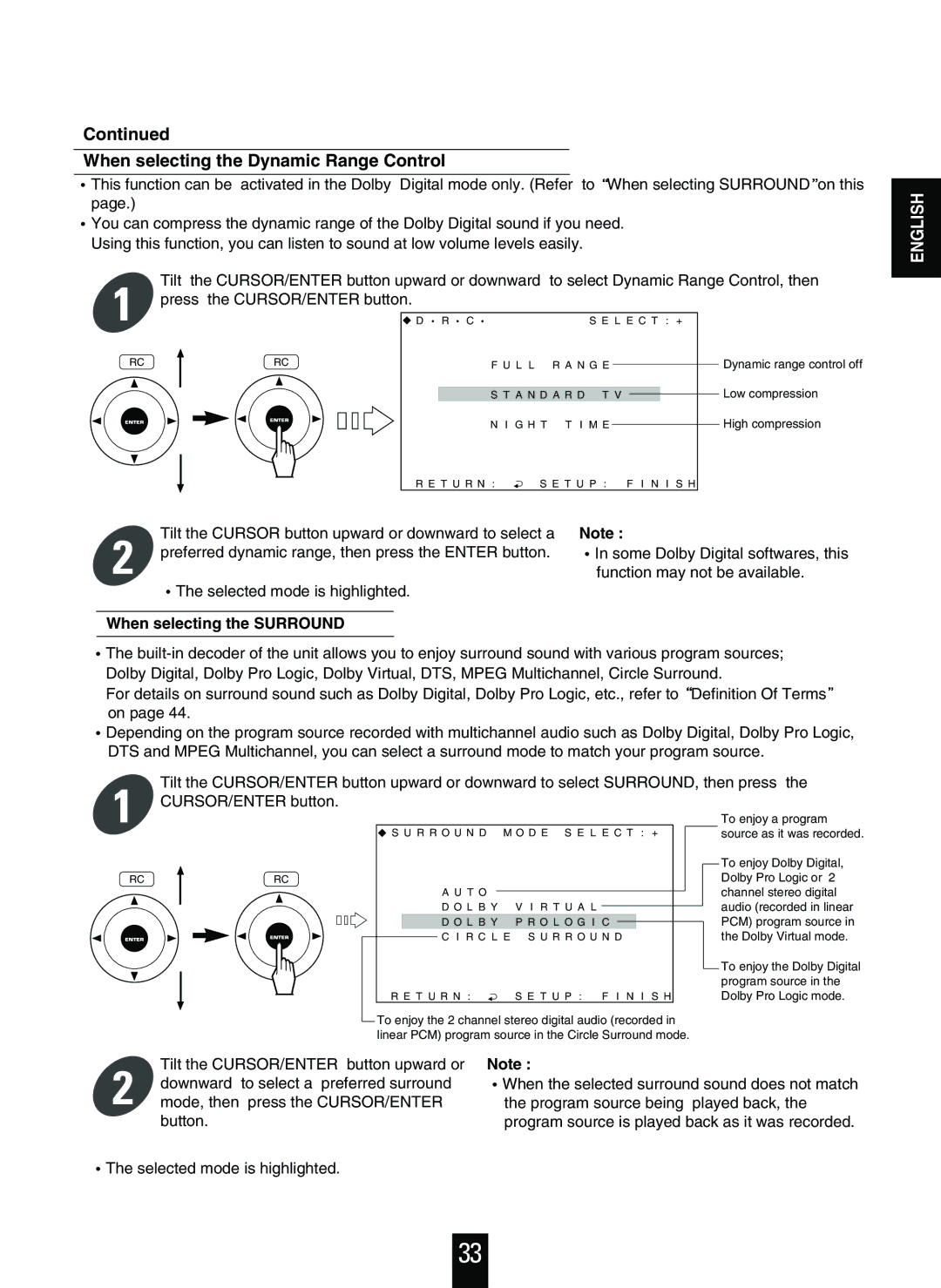 Sherwood V-756 manual When selecting the Dynamic Range Control, When selecting the Surround 