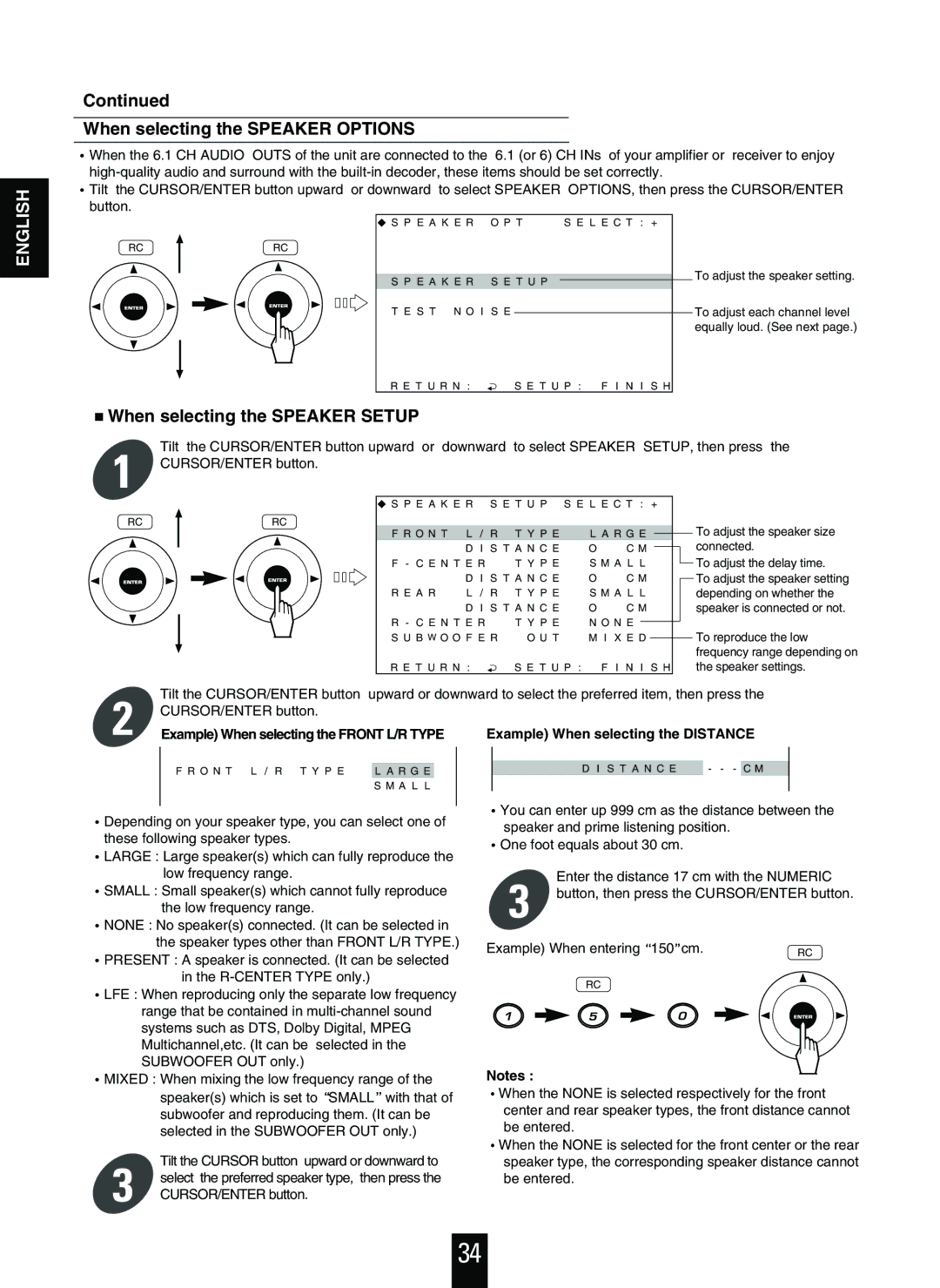 Sherwood V-756 manual When selecting the Speaker Options, When selecting the Speaker Setup 