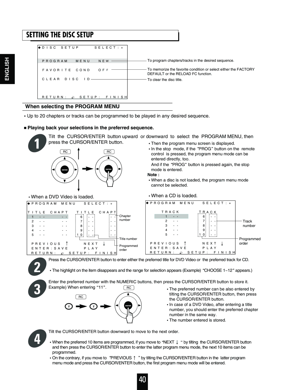 Sherwood V-756 Setting the Disc Setup, When selecting the Program Menu, When a DVD Video is loaded, When a CD is loaded 