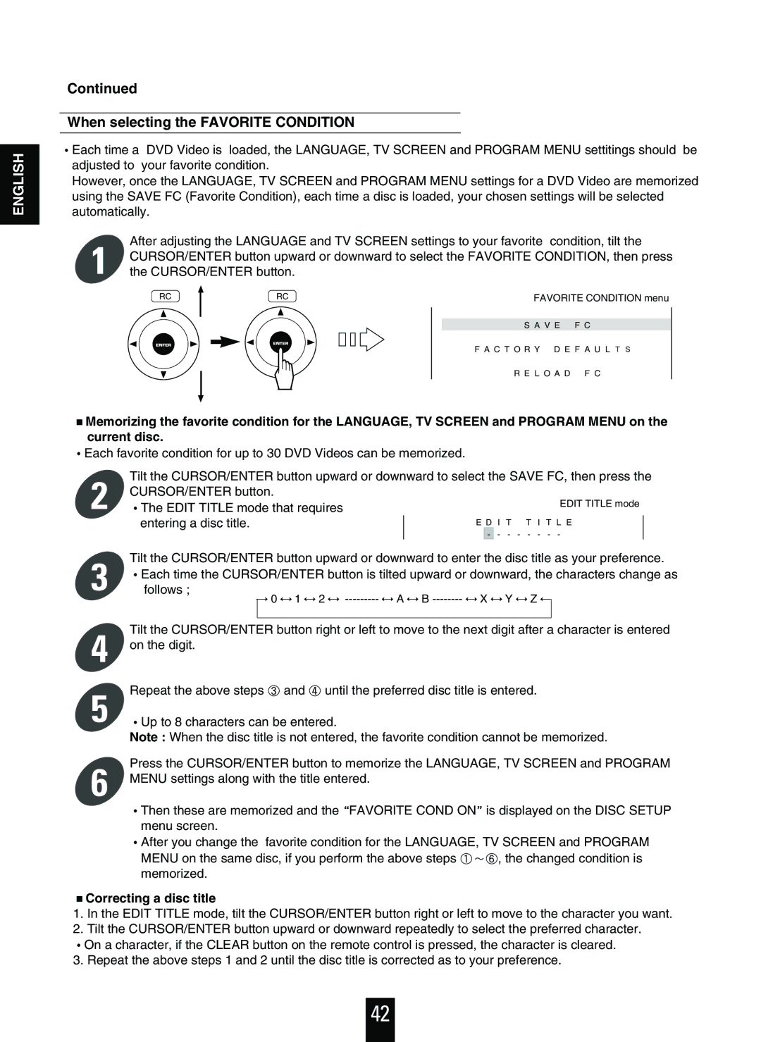 Sherwood V-756 manual When selecting the Favorite Condition, Favorite Cond on, Correcting a disc title 