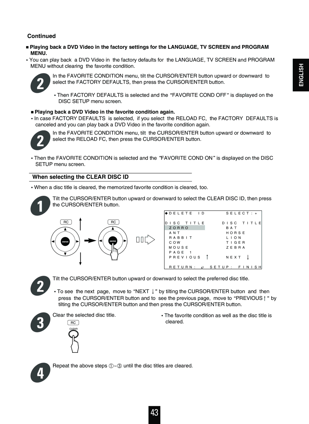 Sherwood V-756 manual When selecting the Clear Disc ID, Playing back a DVD Video in the favorite condition again 