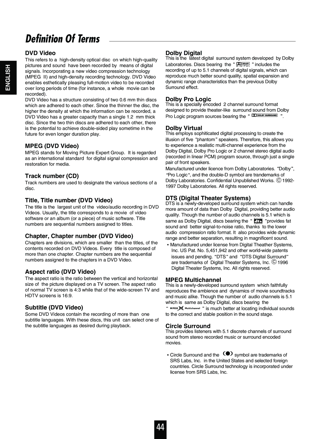 Sherwood V-756 manual Definition Of Terms 