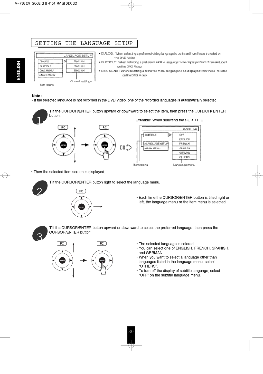 Sherwood V-768 user service Setting the Language Setup 