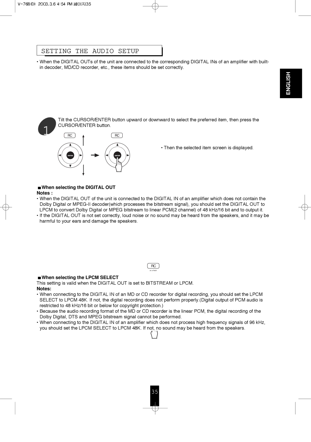 Sherwood V-768 user service Setting the Audio Setup, When selecting the Digital OUT, When selecting the Lpcm Select 