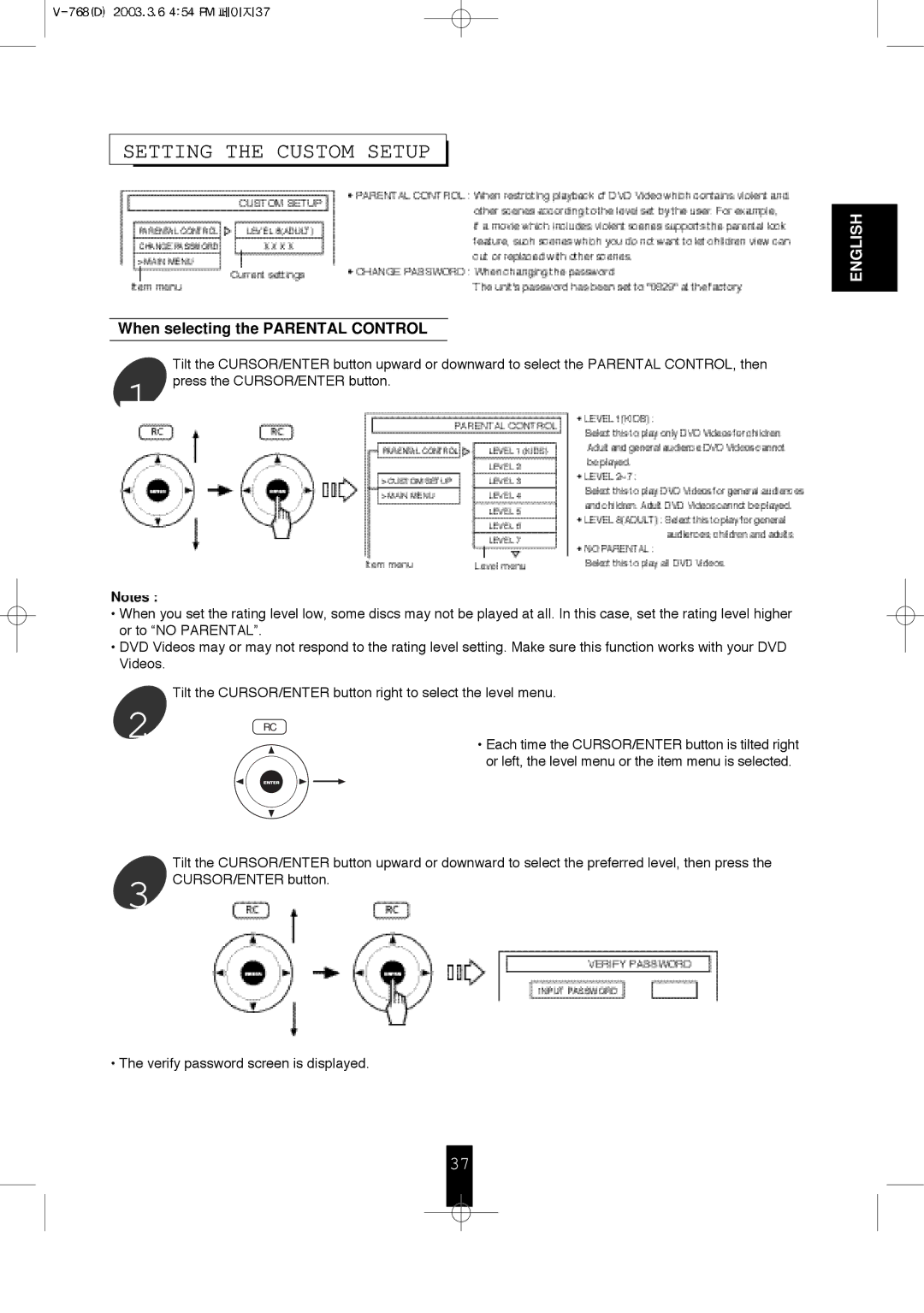 Sherwood V-768 user service Setting the Custom Setup, When selecting the Parental Control 