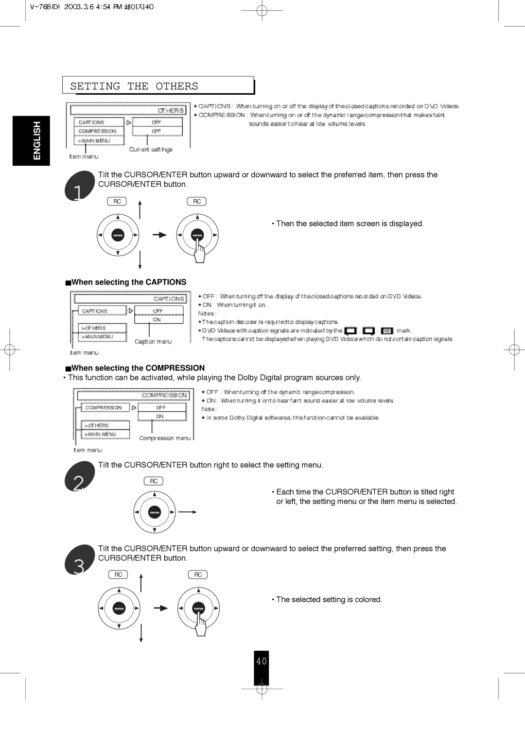 Sherwood V-768 user service Setting the Others, When selecting the Captions When selecting the Compression 