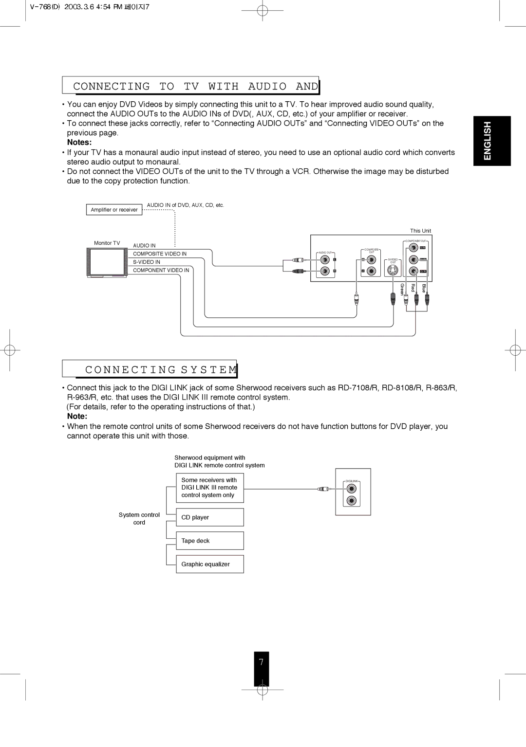 Sherwood V-768 user service Connecting to TV with Audio, Connecting S Y S T E M 