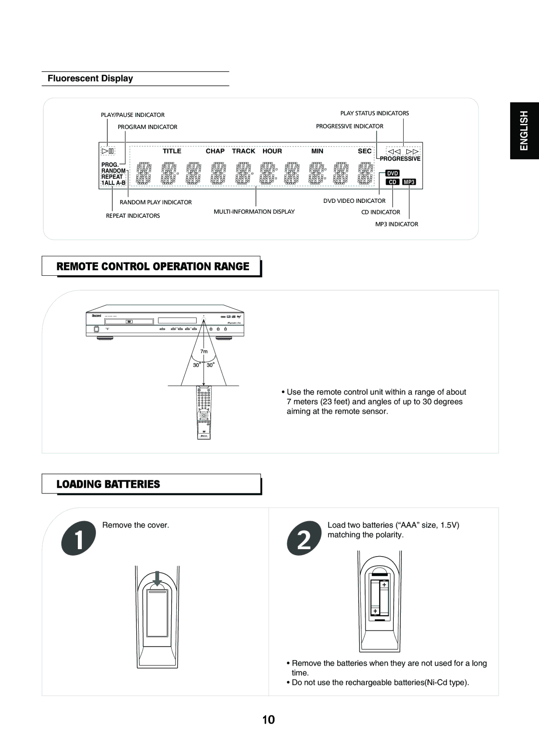 Sherwood V-903 manual Remote Control Operation Range, Loading Batteries, Fluorescent Display, Matching the polarity 