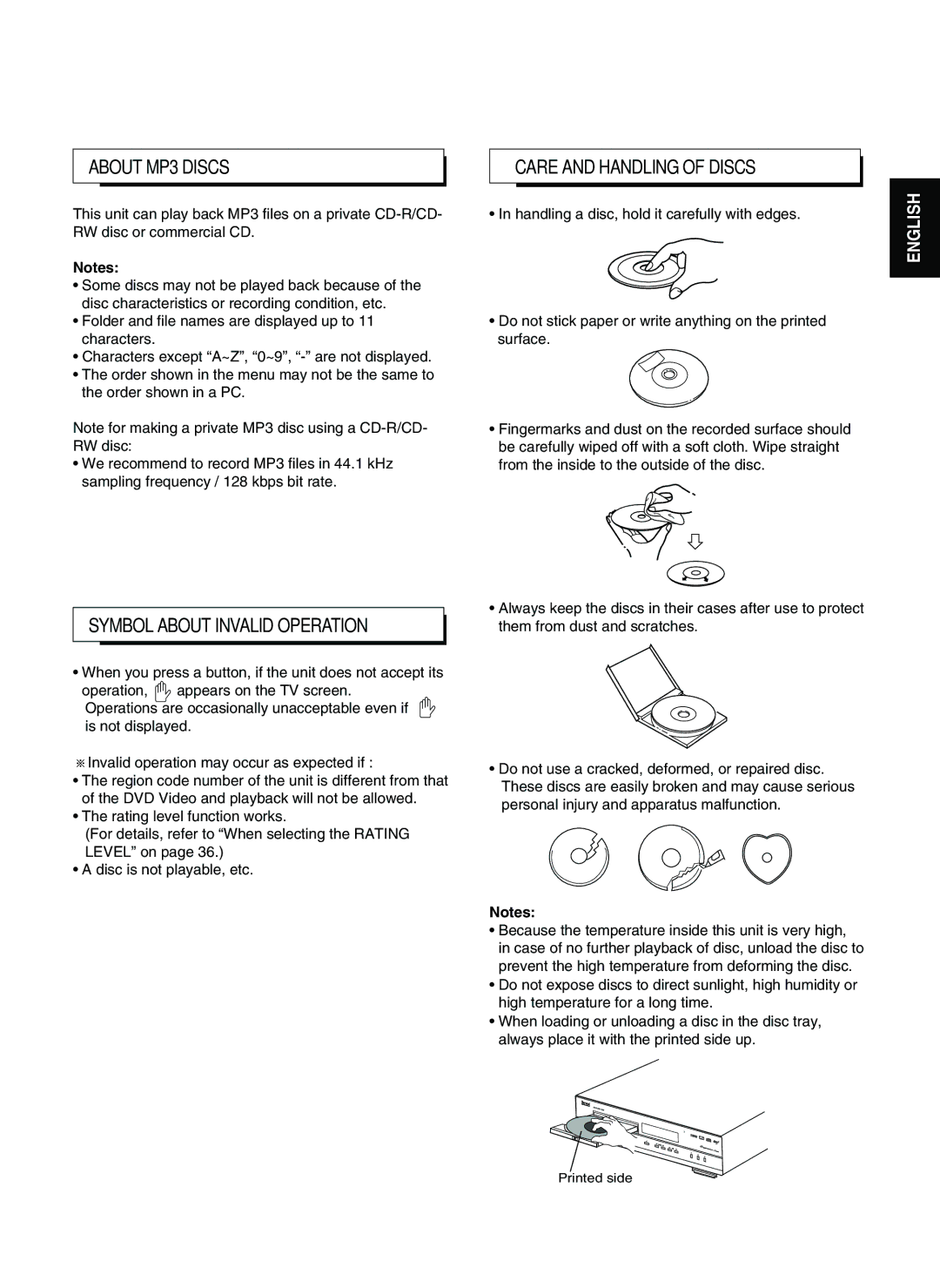 Sherwood V-903 manual About MP3 Discs, Care and Handling of Discs 