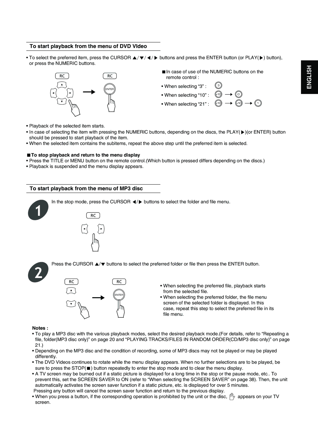 Sherwood V-903 manual To start playback from the menu of DVD VIdeo, To start playback from the menu of MP3 disc 