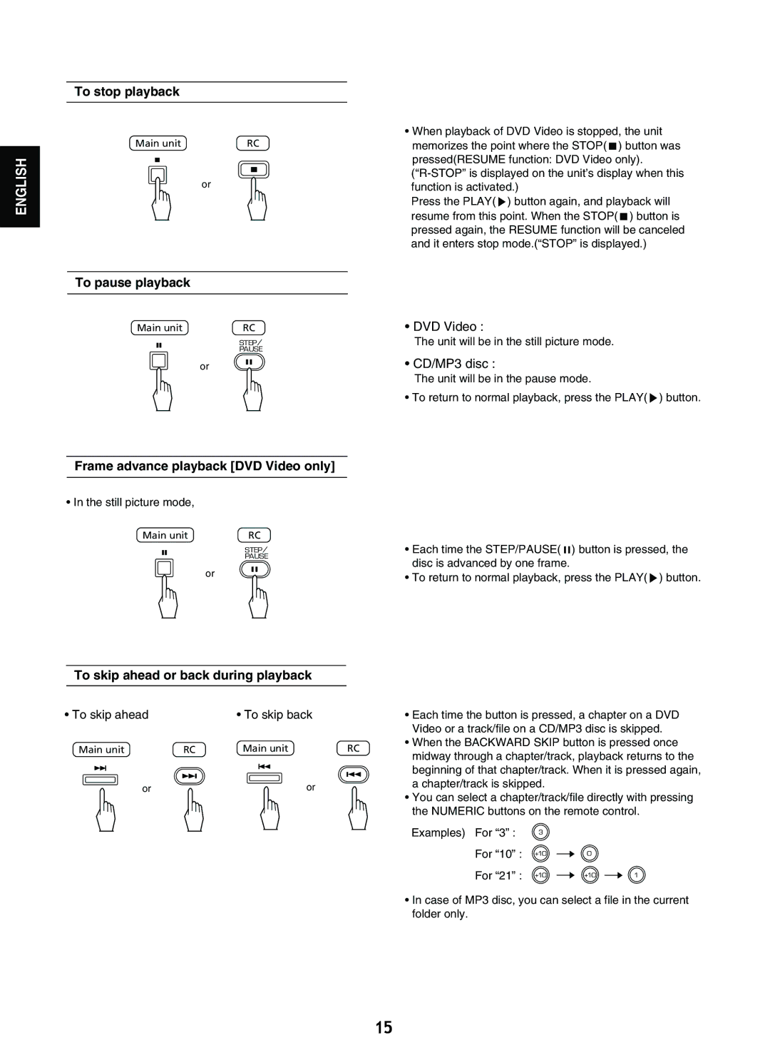 Sherwood V-903 manual To stop playback, To pause playback, Frame advance playback DVD Video only 