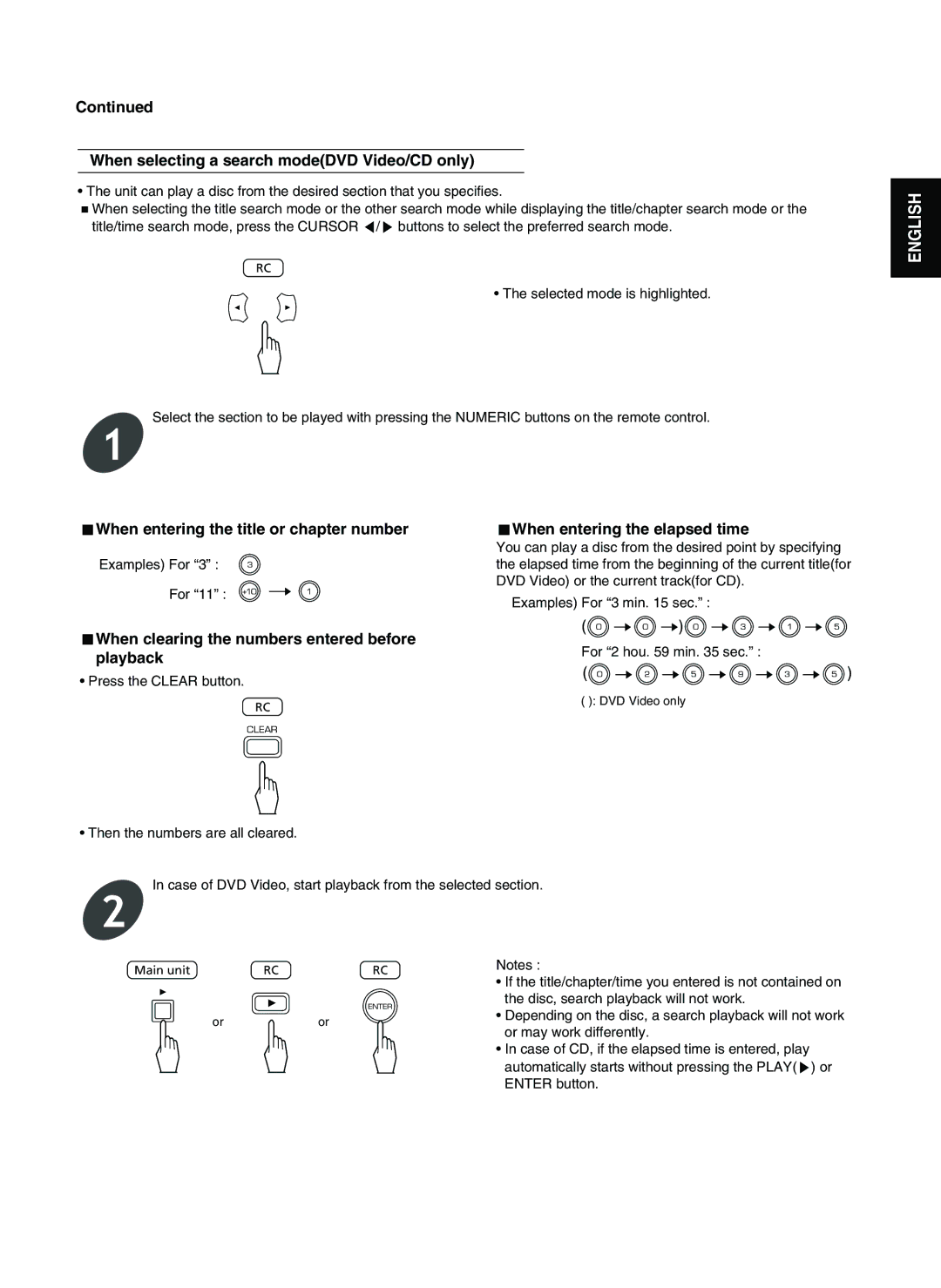 Sherwood V-903 manual When selecting a search modeDVD Video/CD only, When entering the title or chapter number 