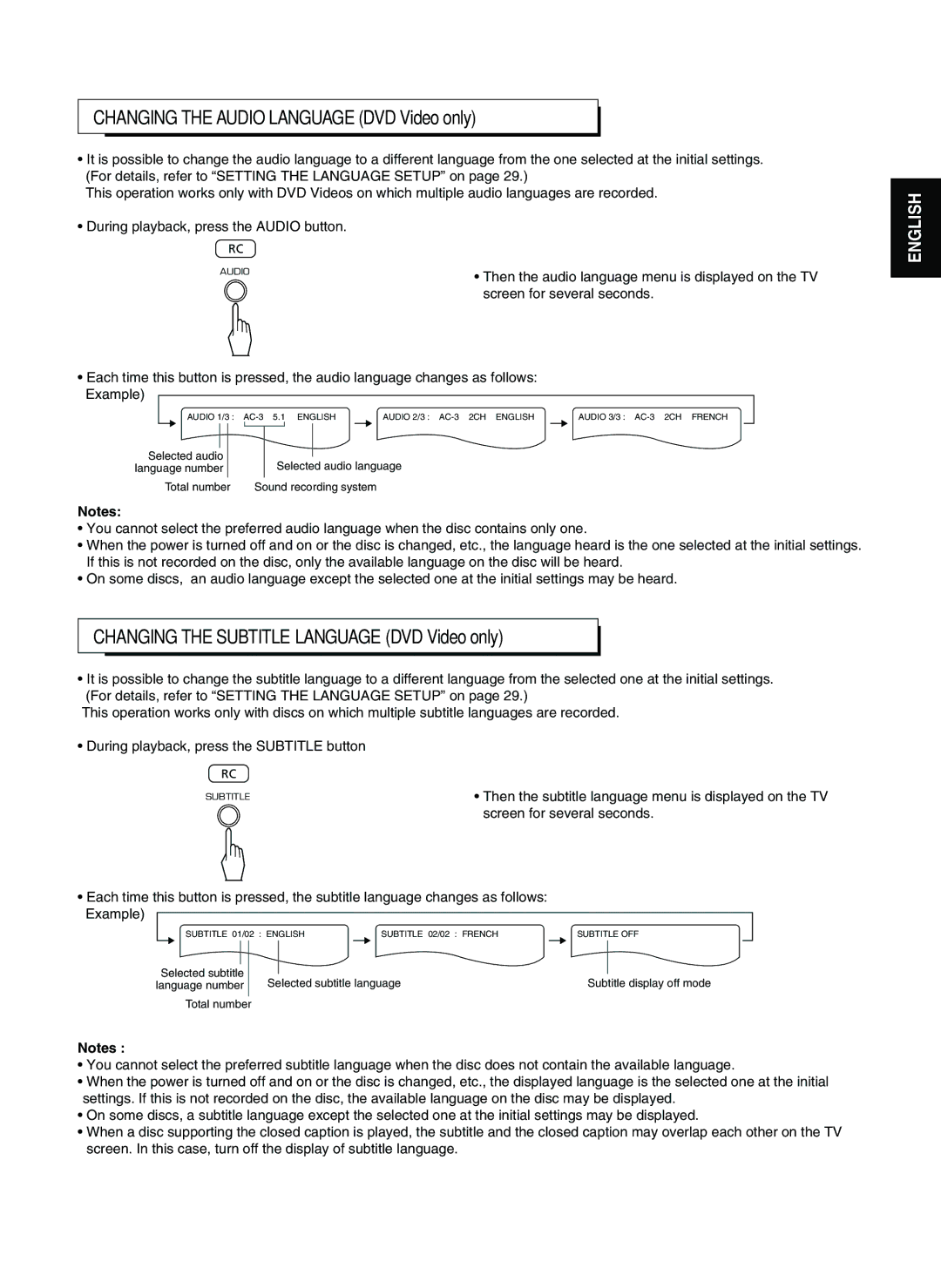 Sherwood V-903 manual Changing the Audio Language DVD Video only, Changing the Subtitle Language DVD Video only 