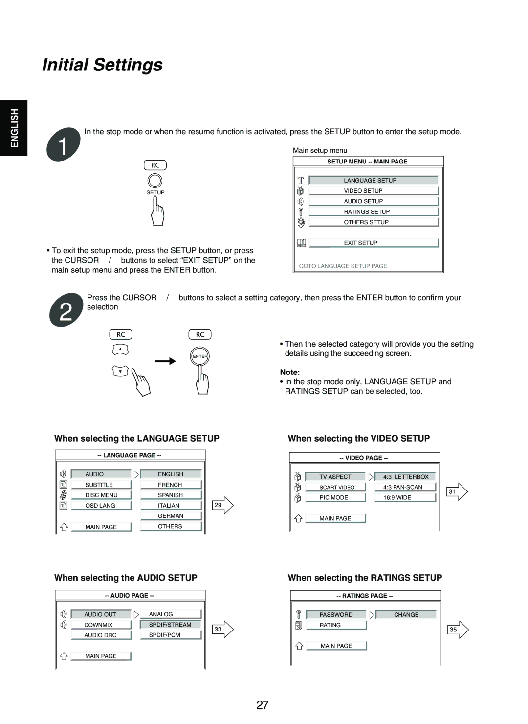 Sherwood V-903 manual Initial Settings, When selecting the Language Setup, When selecting the Audio Setup 