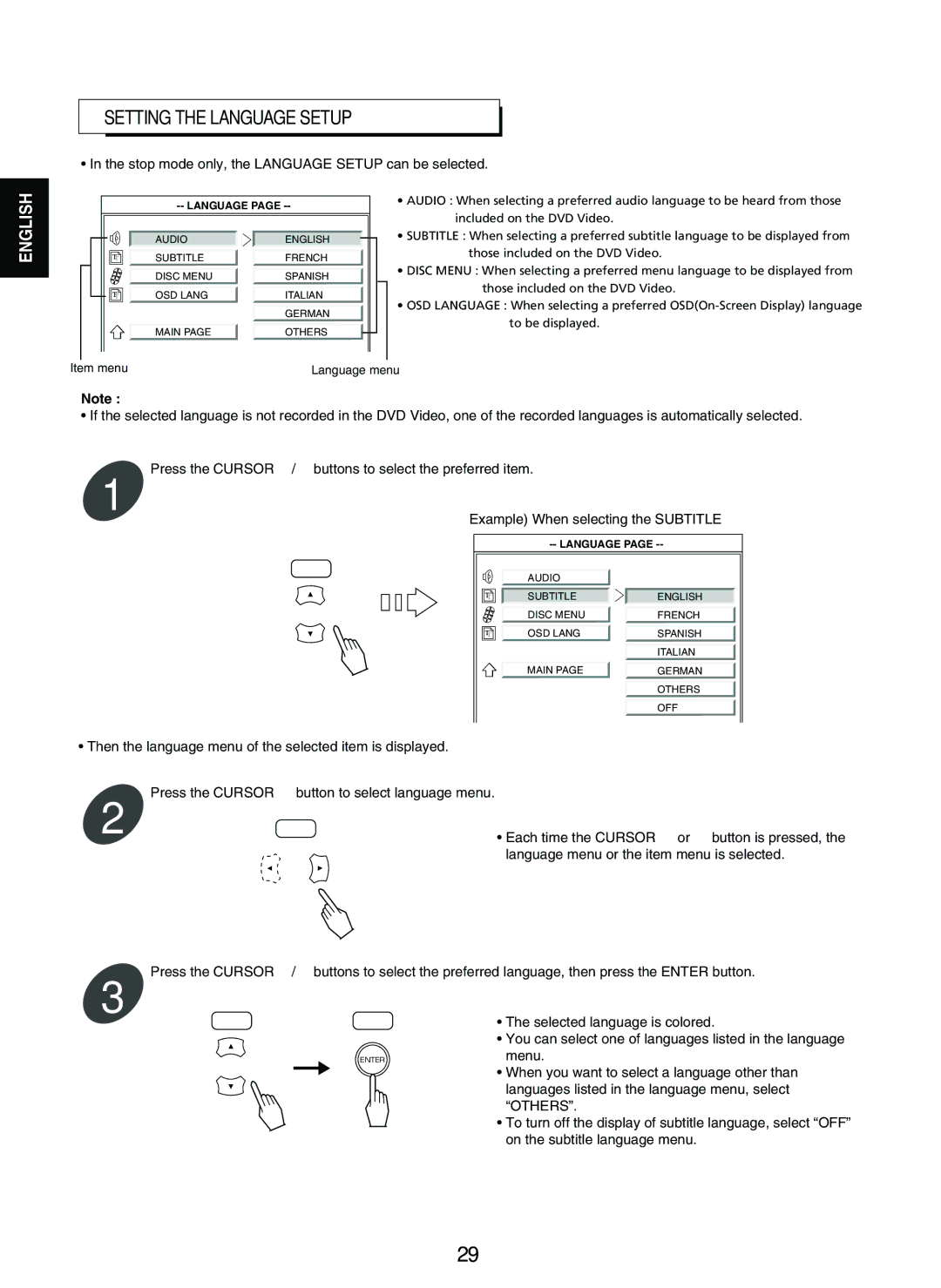 Sherwood V-903 manual Setting the Language Setup, Stop mode only, the Language Setup can be selected 