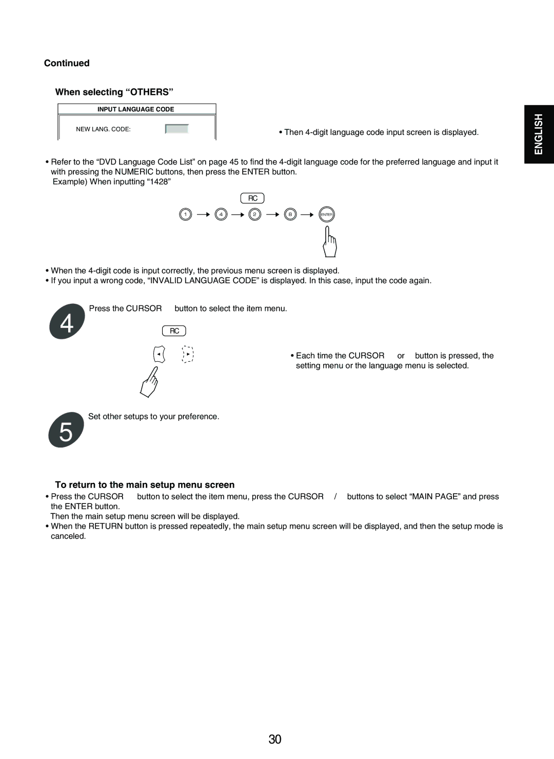 Sherwood V-903 manual When selecting Others, To return to the main setup menu screen 