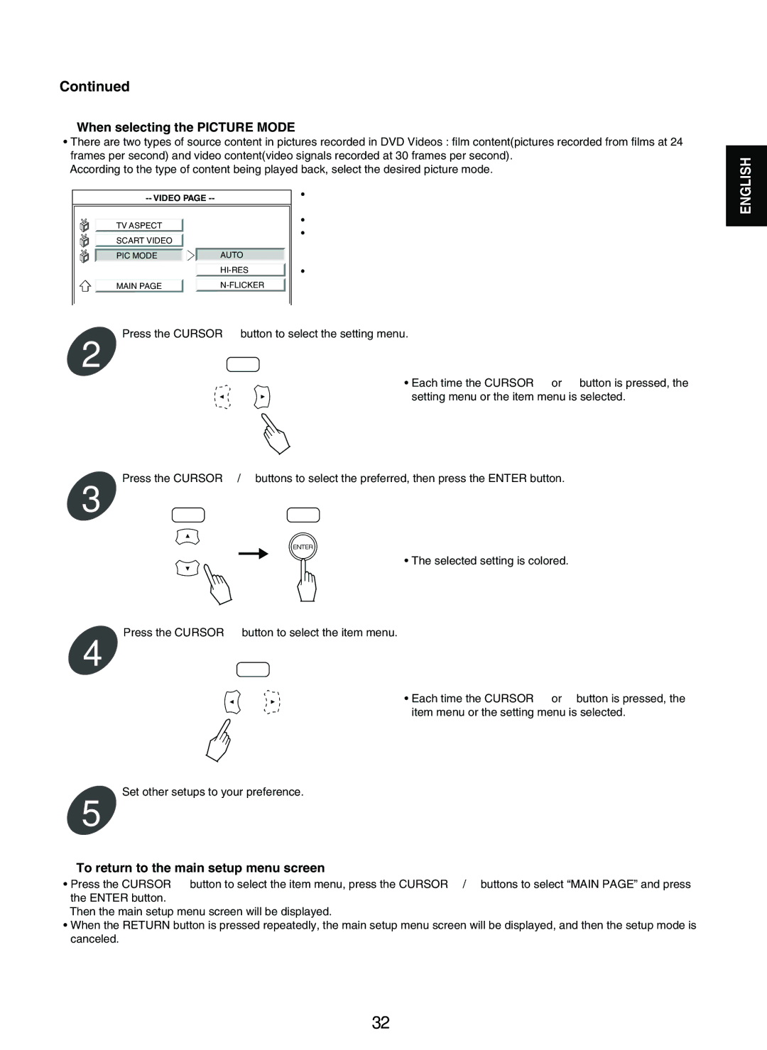 Sherwood V-903 manual When selecting the Picture Mode, TV Aspect Scart Video PIC Mode Auto HI-RES Main 