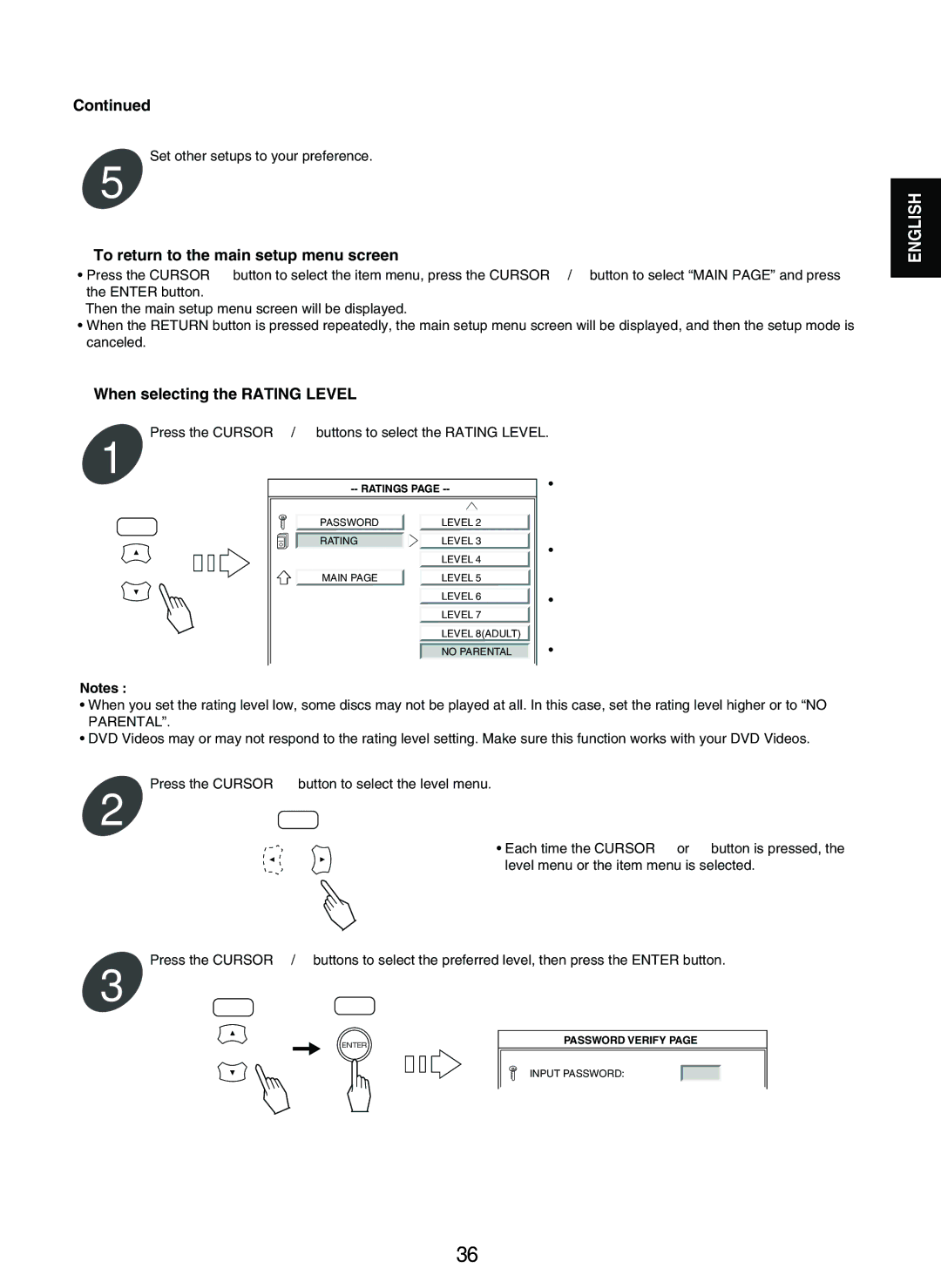 Sherwood V-903 manual When selecting the Rating Level, Press the Cursor / buttons to select the Rating Level 