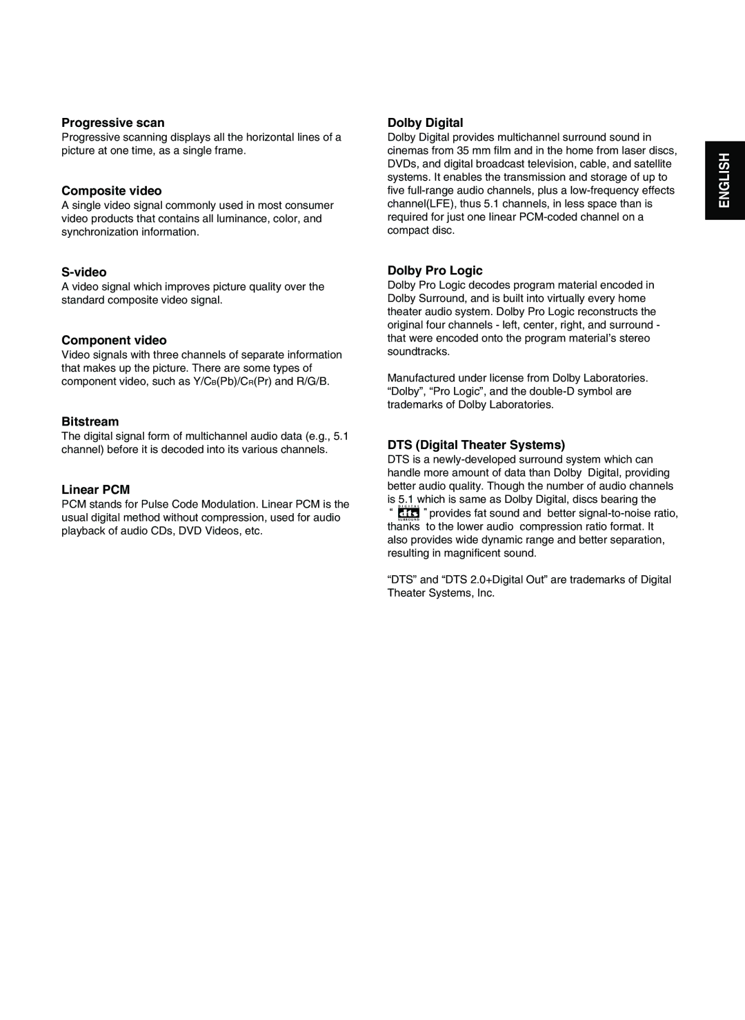 Sherwood V-903 manual Progressive scan, Composite video, Dolby Digital, Video, Component video, Bitstream, Linear PCM 