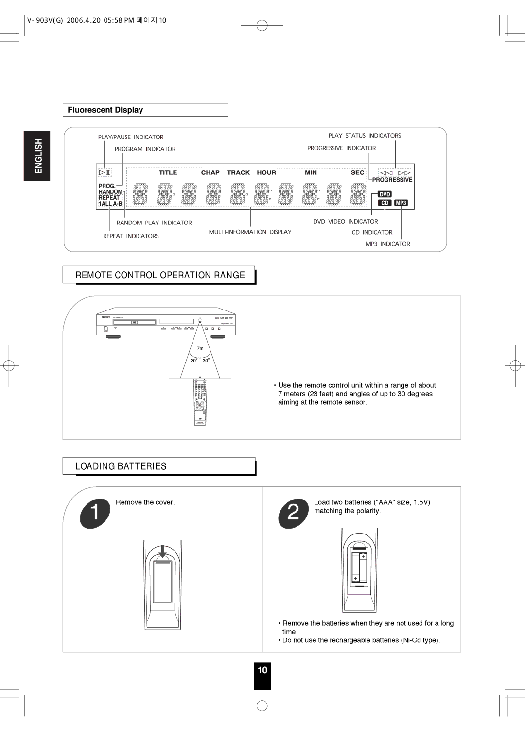 Sherwood V-903 manual Remote Control Operation Range Loading Batteries, Fluorescent Display 