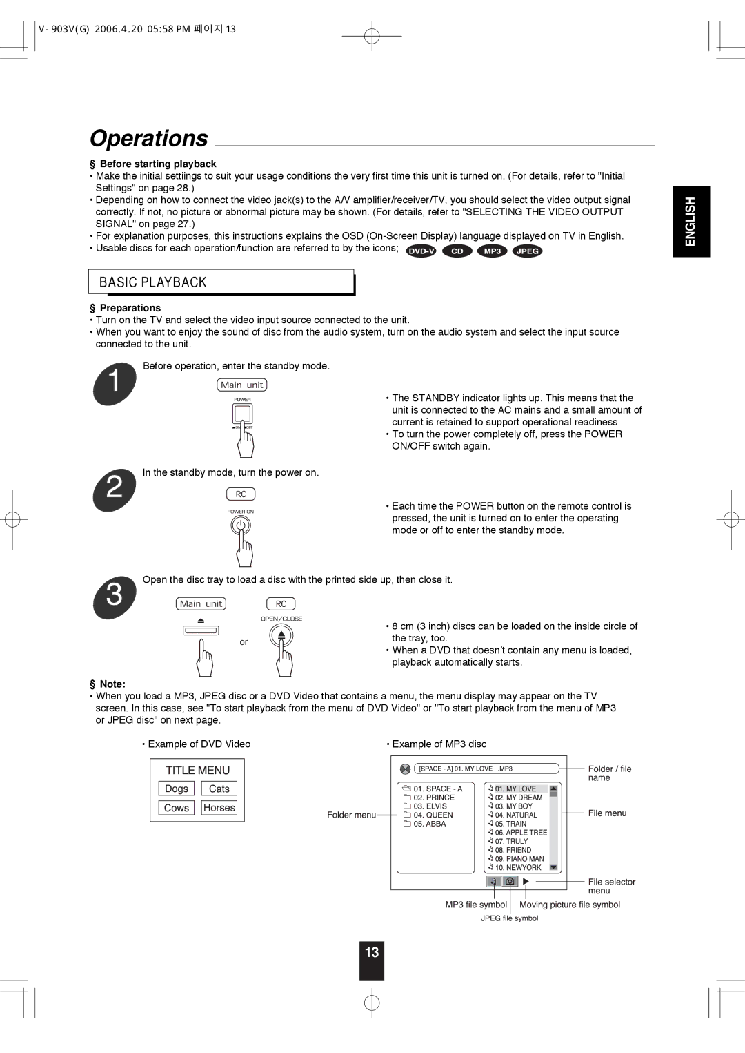 Sherwood V-903 manual Operations, Basic Playback 