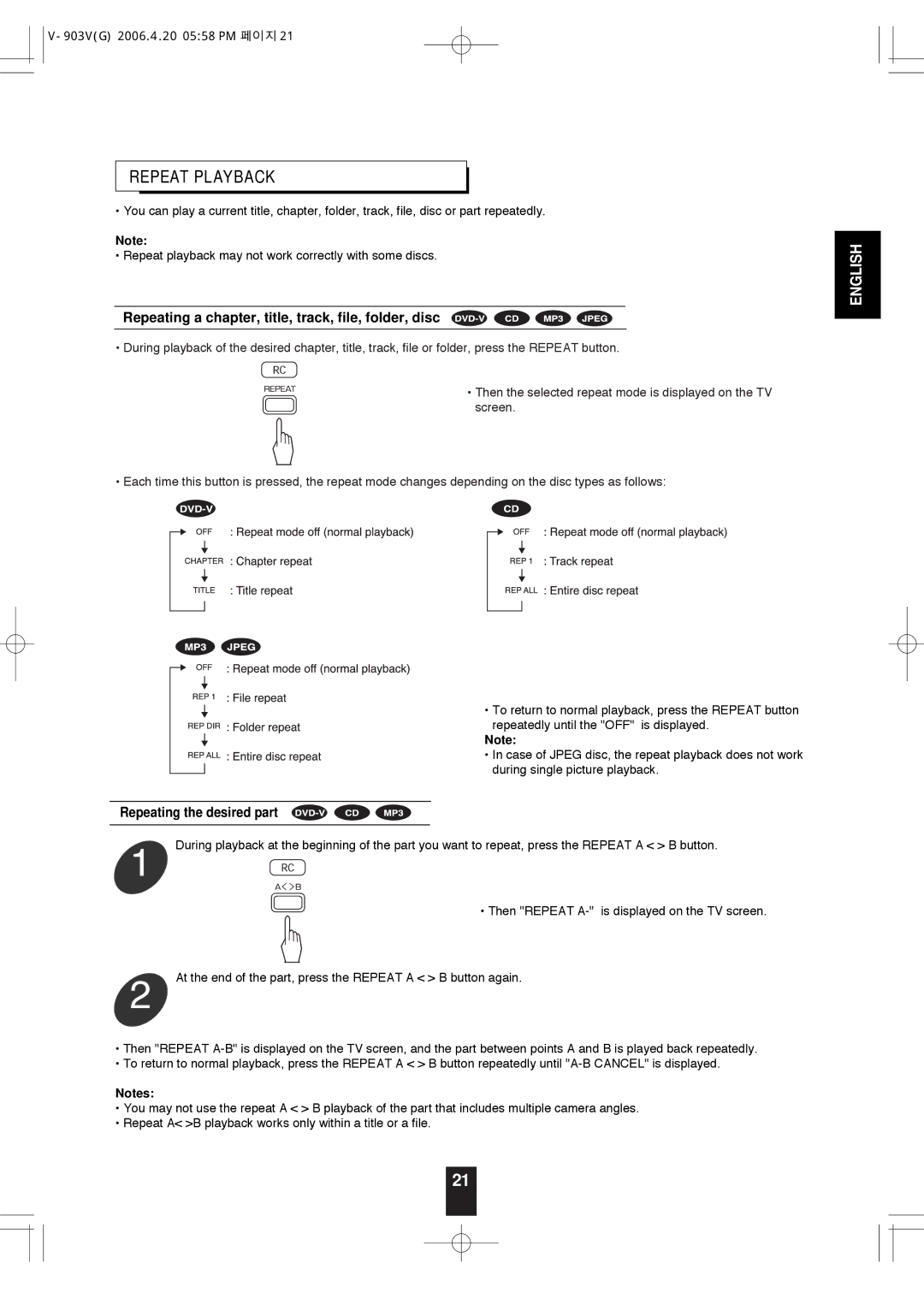 Sherwood V-903 manual Repeat Playback, Repeating a chapter, title, track, file, folder, disc, Repeating the desired part 