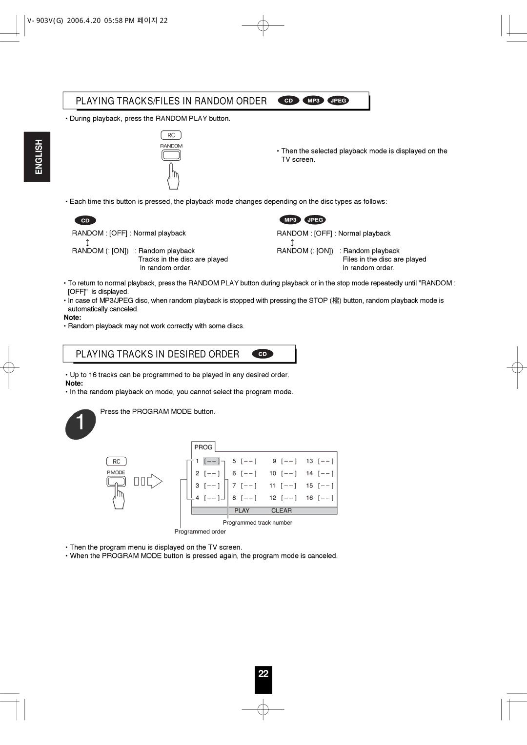 Sherwood V-903 manual Playing TRACKS/FILES in Random Order, Playing Tracks in Desired Order 