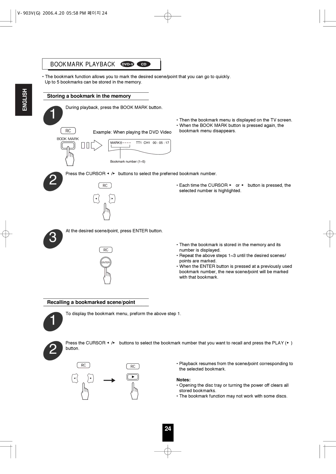 Sherwood V-903 manual Bookmark Playback, Storing a bookmark in the memory, Recalling a bookmarked scene/point 