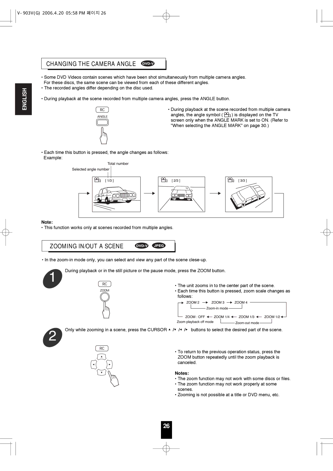 Sherwood V-903 manual Changing the Camera Angle, Zooming IN/OUT a Scene 