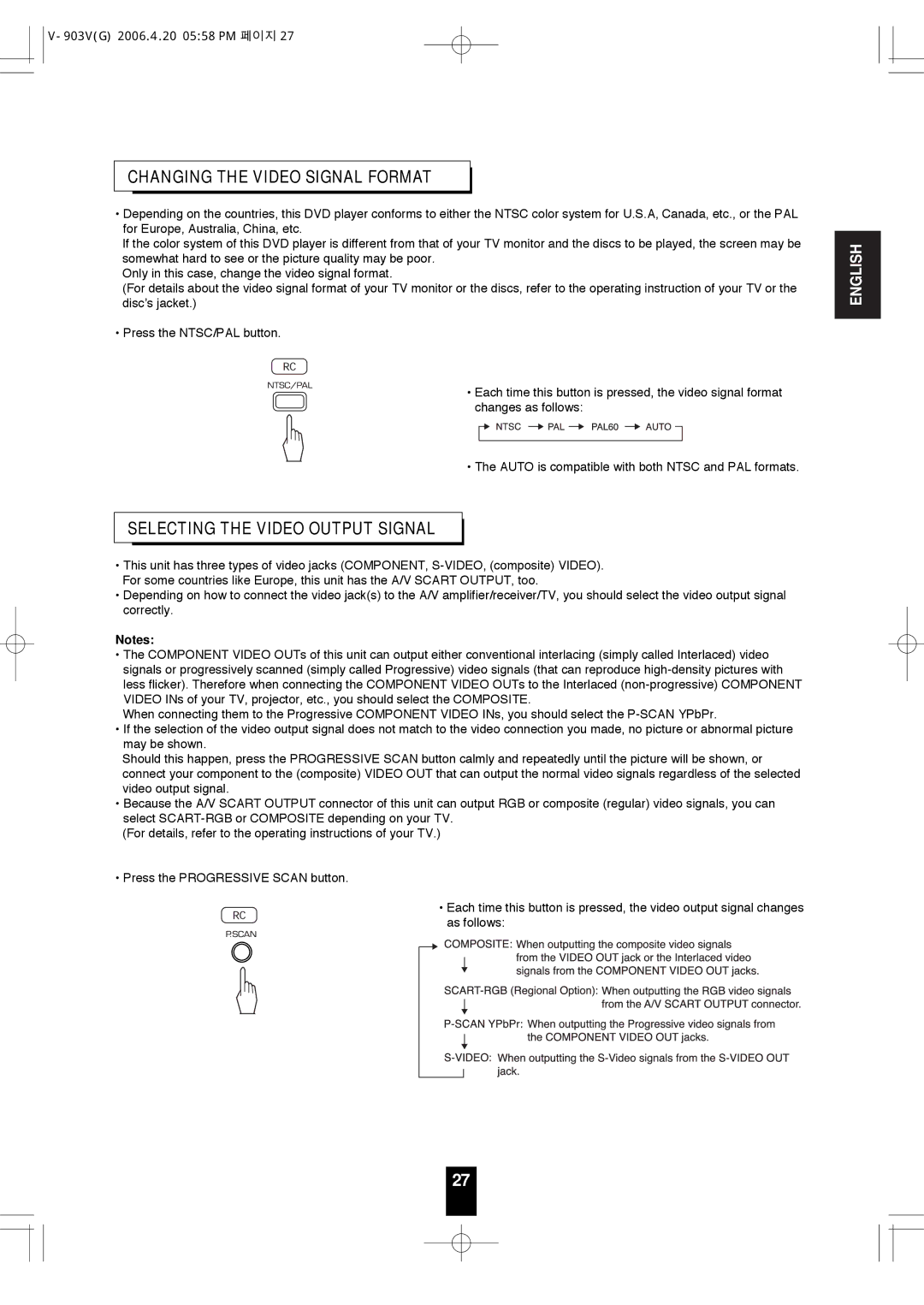 Sherwood V-903 manual Changing the Video Signal Format, Selecting the Video Output Signal 