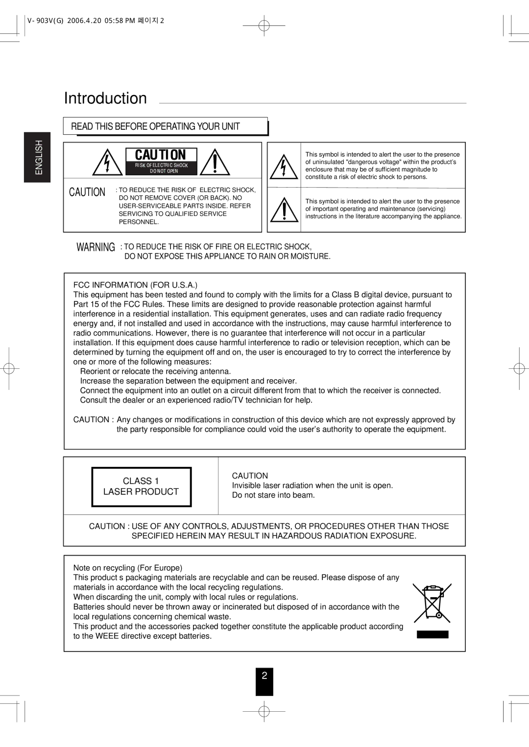 Sherwood V-903 manual Introduction, Read this Before Operating Your Unit 