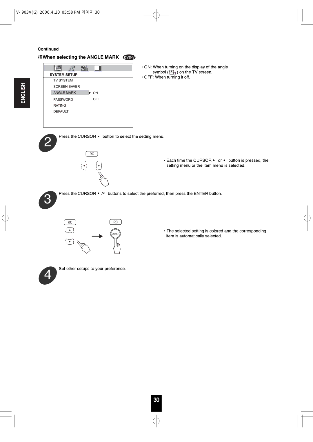 Sherwood V-903 manual When selecting the Angle Mark 