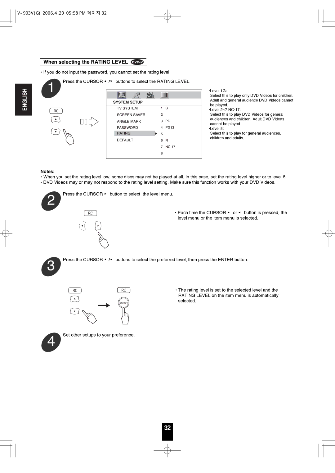 Sherwood V-903 manual When selecting the Rating Level 