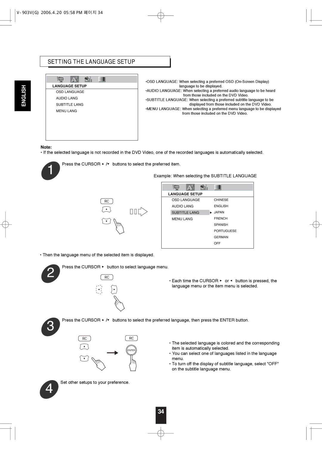 Sherwood V-903 manual Setting the Language Setup 