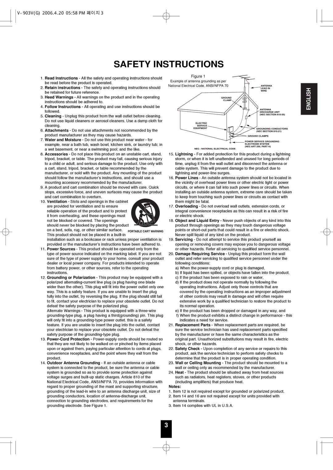 Sherwood V-903 manual Safety Instructions 