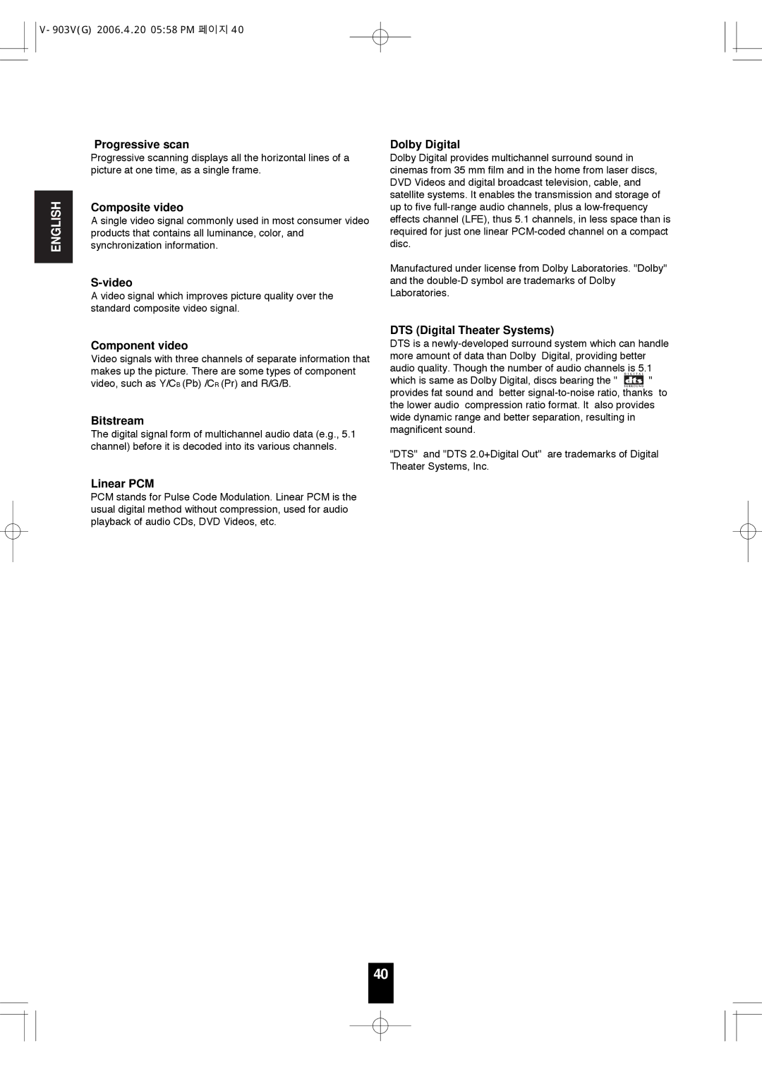 Sherwood V-903 manual Progressive scan, Composite video, Video, Dolby Digital, Component video, Bitstream, Linear PCM 