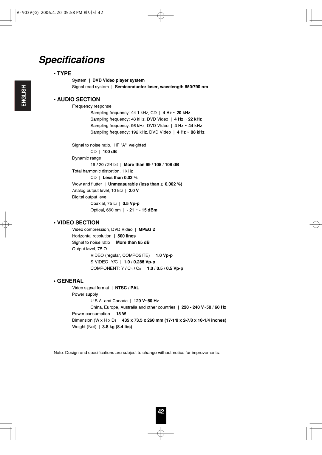 Sherwood V-903 manual Specifications, Type 