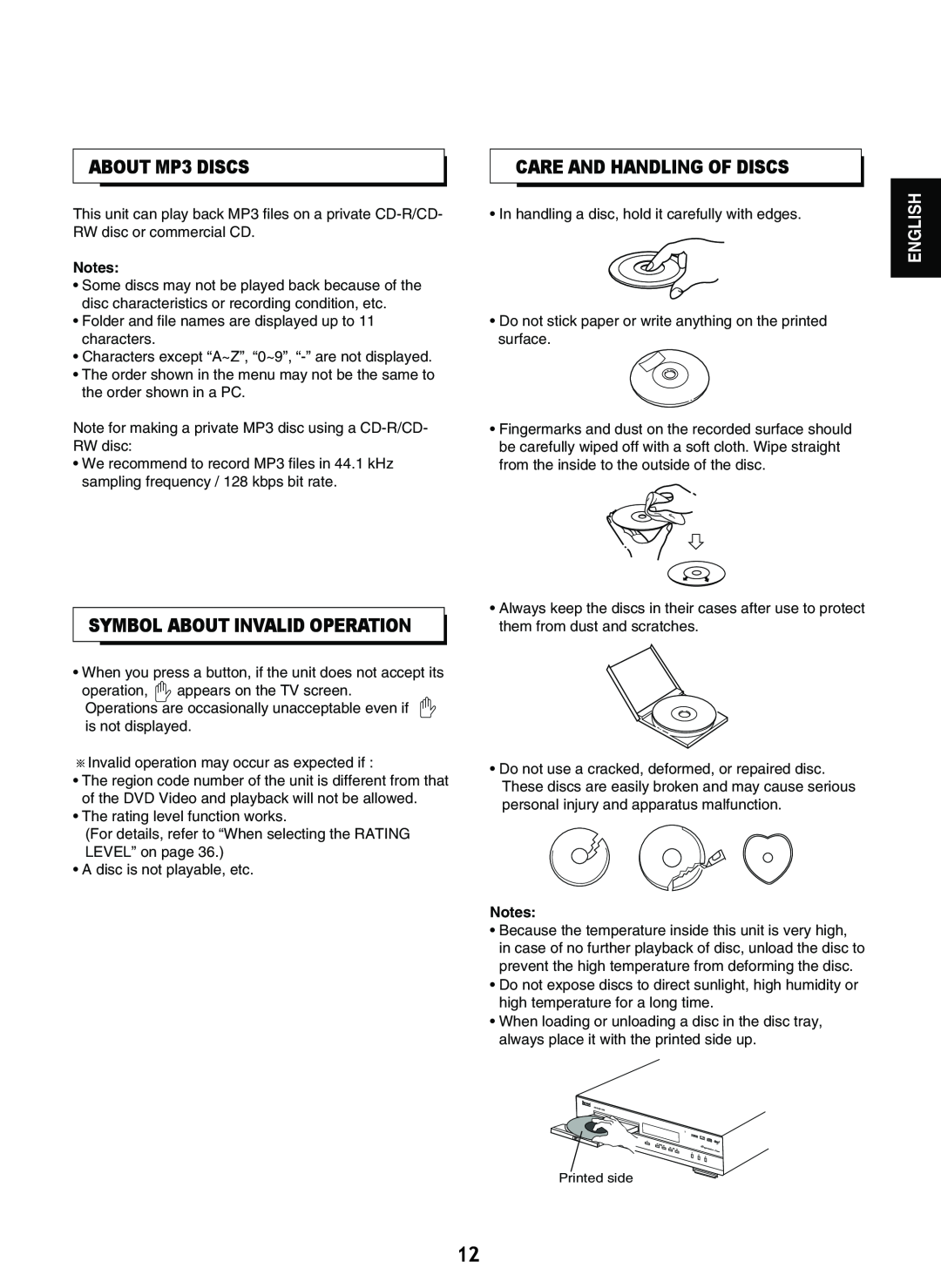 Sherwood V-903 manual ABOUT MP3 DISCS, Care And Handling Of Discs, Symbol About Invalid Operation, English 
