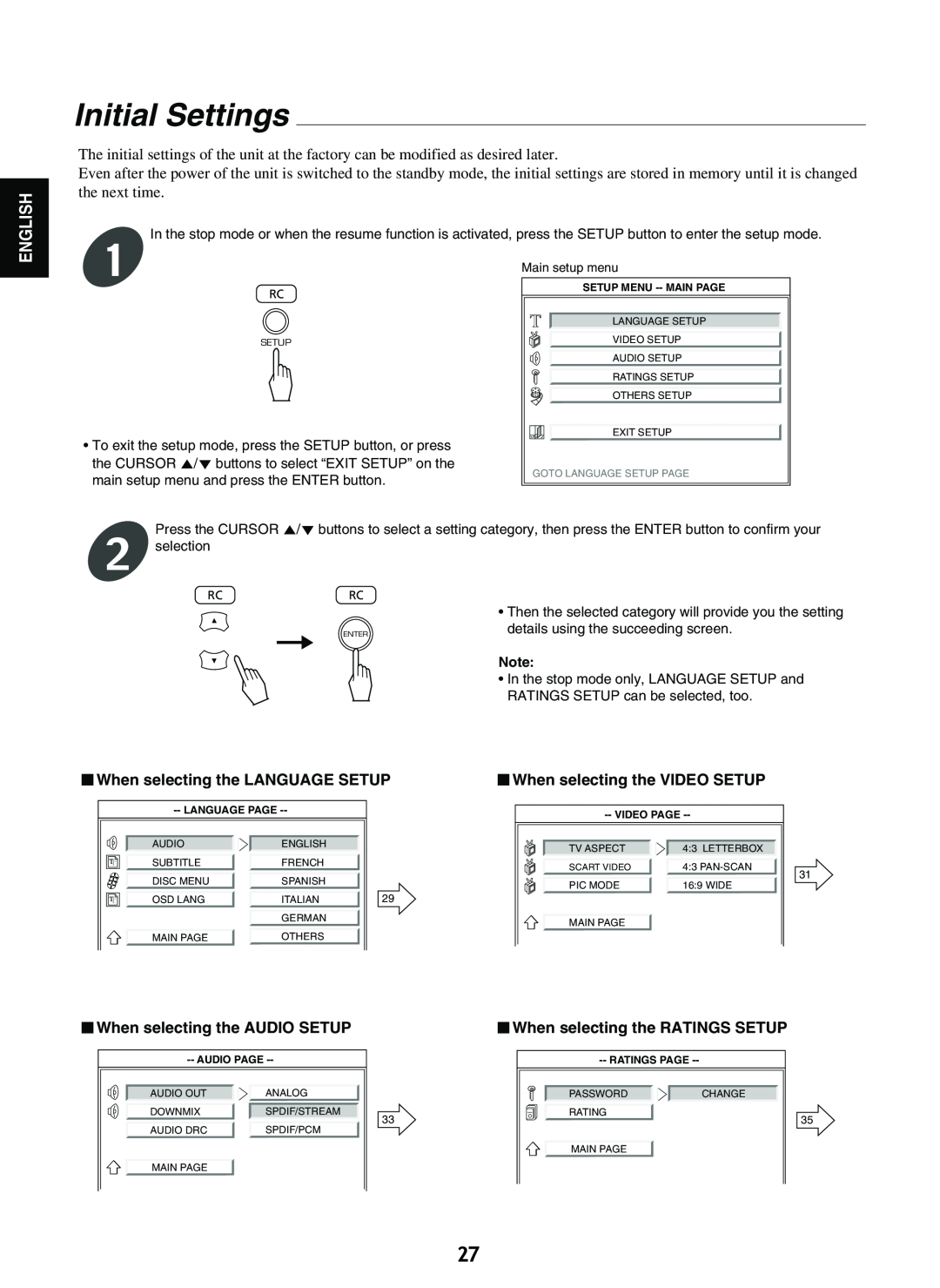 Sherwood V-903 manual Initial Settings, English, When selecting the LANGUAGE SETUP, When selecting the AUDIO SETUP 