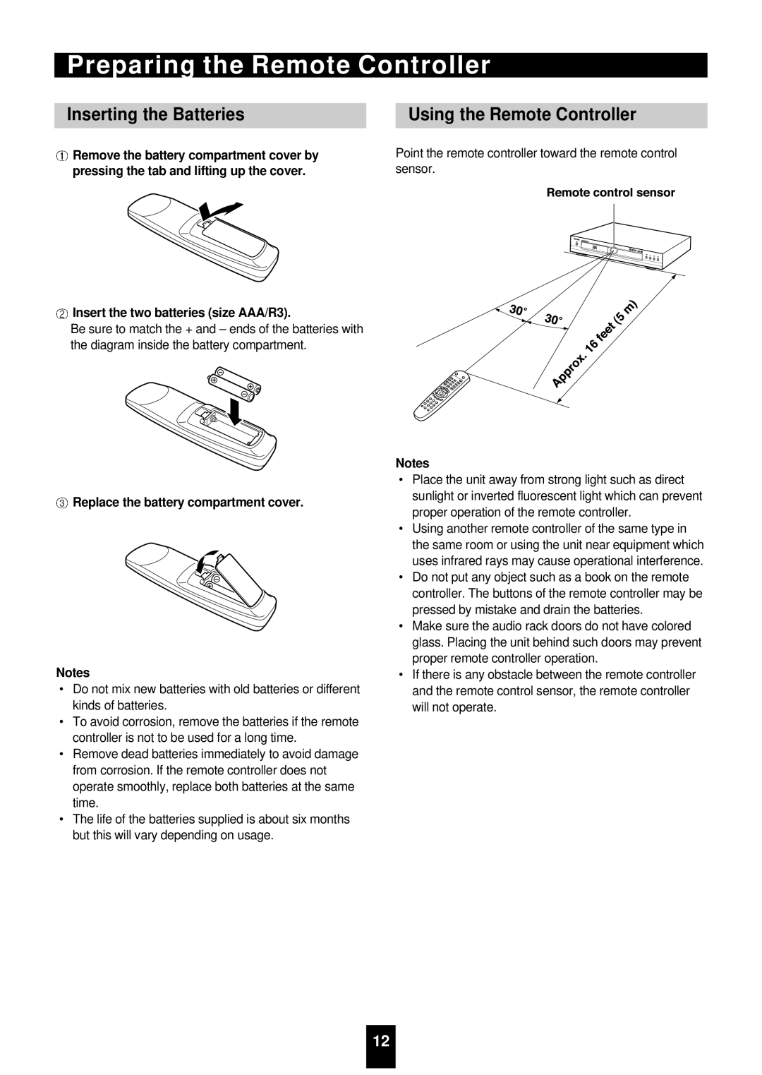 Sherwood VD-4500 manual Preparing the Remote Controller, Inserting the Batteries Using the Remote Controller 