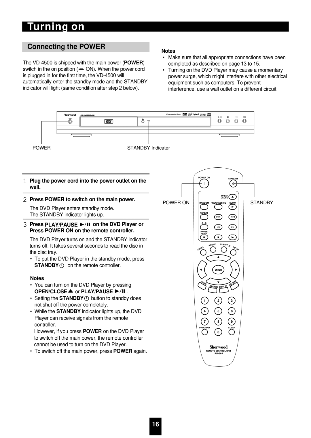 Sherwood VD-4500 manual Turning on, Connecting the Power, DVD Player enters standby mode Standby indicator lights up 