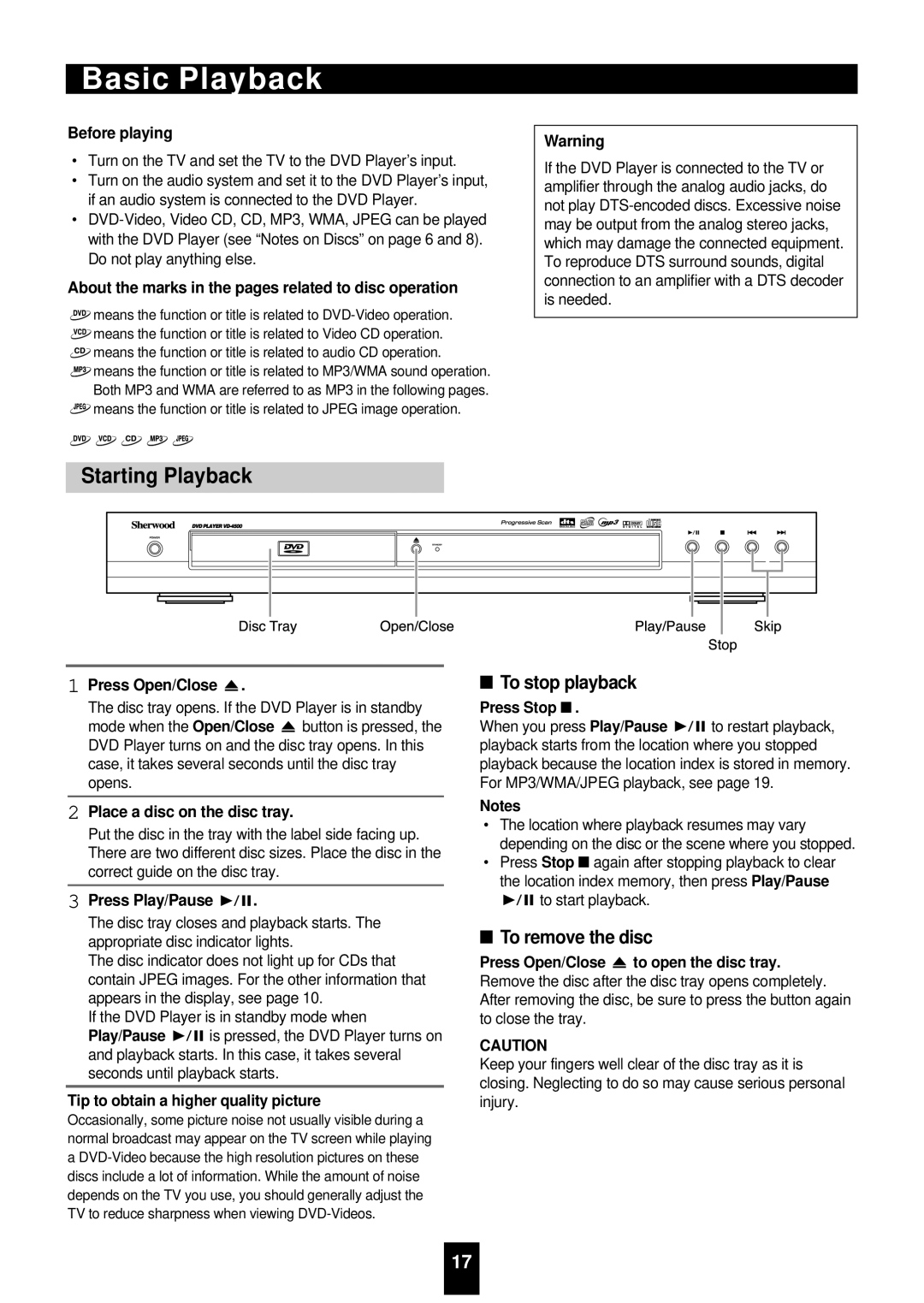 Sherwood VD-4500 manual Basic Playback, Starting Playback, To stop playback, To remove the disc 