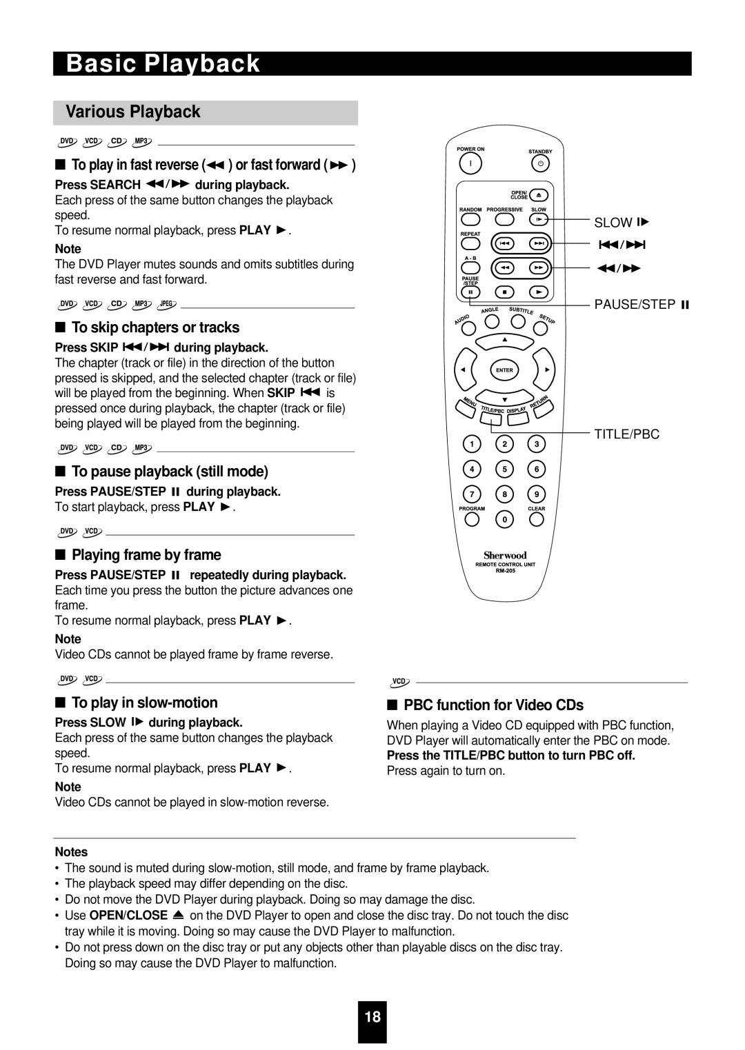 Sherwood VD-4500 manual Various Playback 