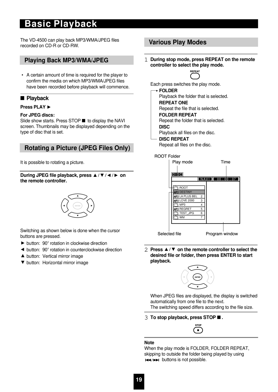 Sherwood VD-4500 manual Rotating a Picture Jpeg Files Only, Various Play Modes, Playback 