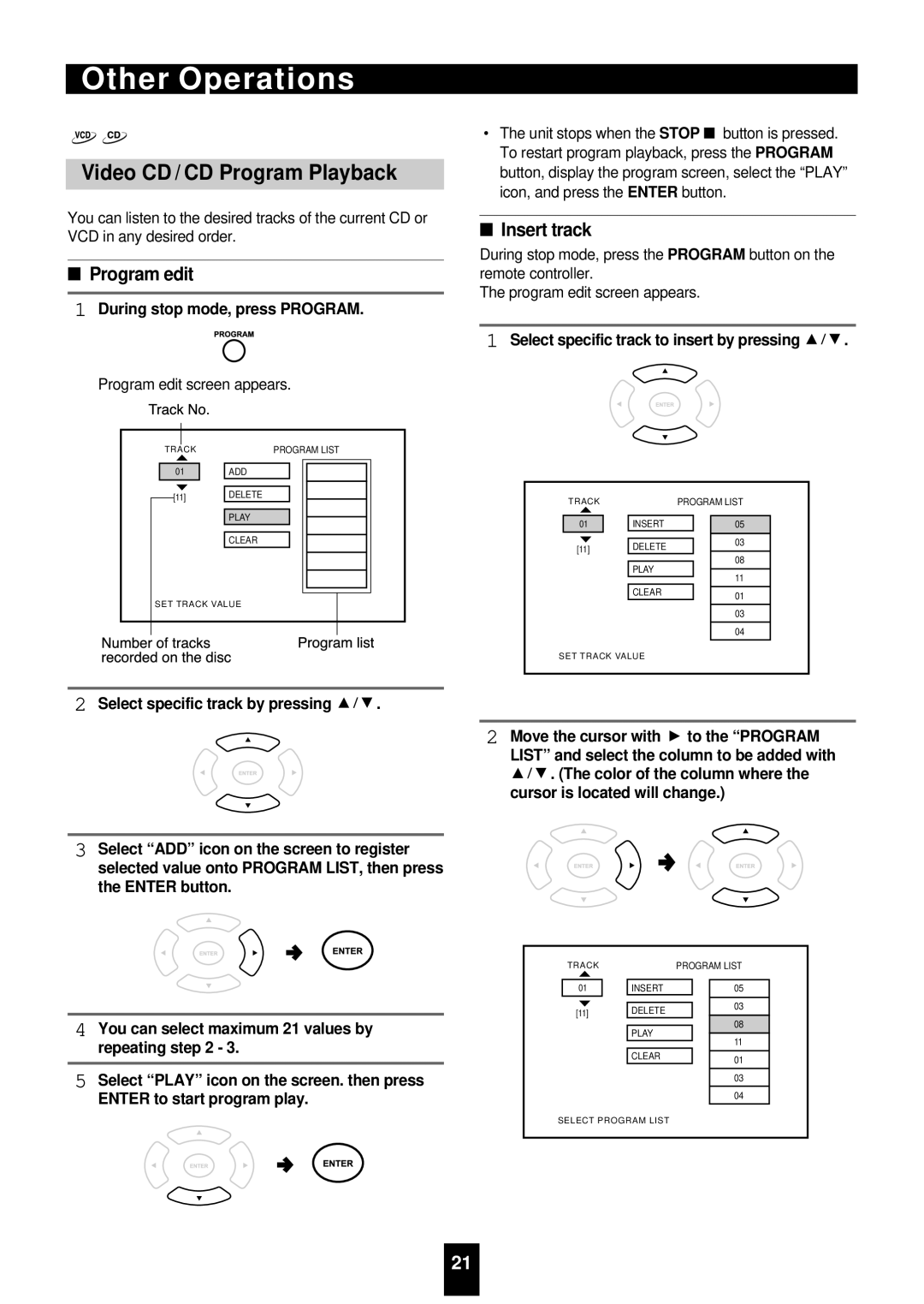 Sherwood VD-4500 manual Video CD / CD Program Playback, Program edit, Insert track, During stop mode, press Program 