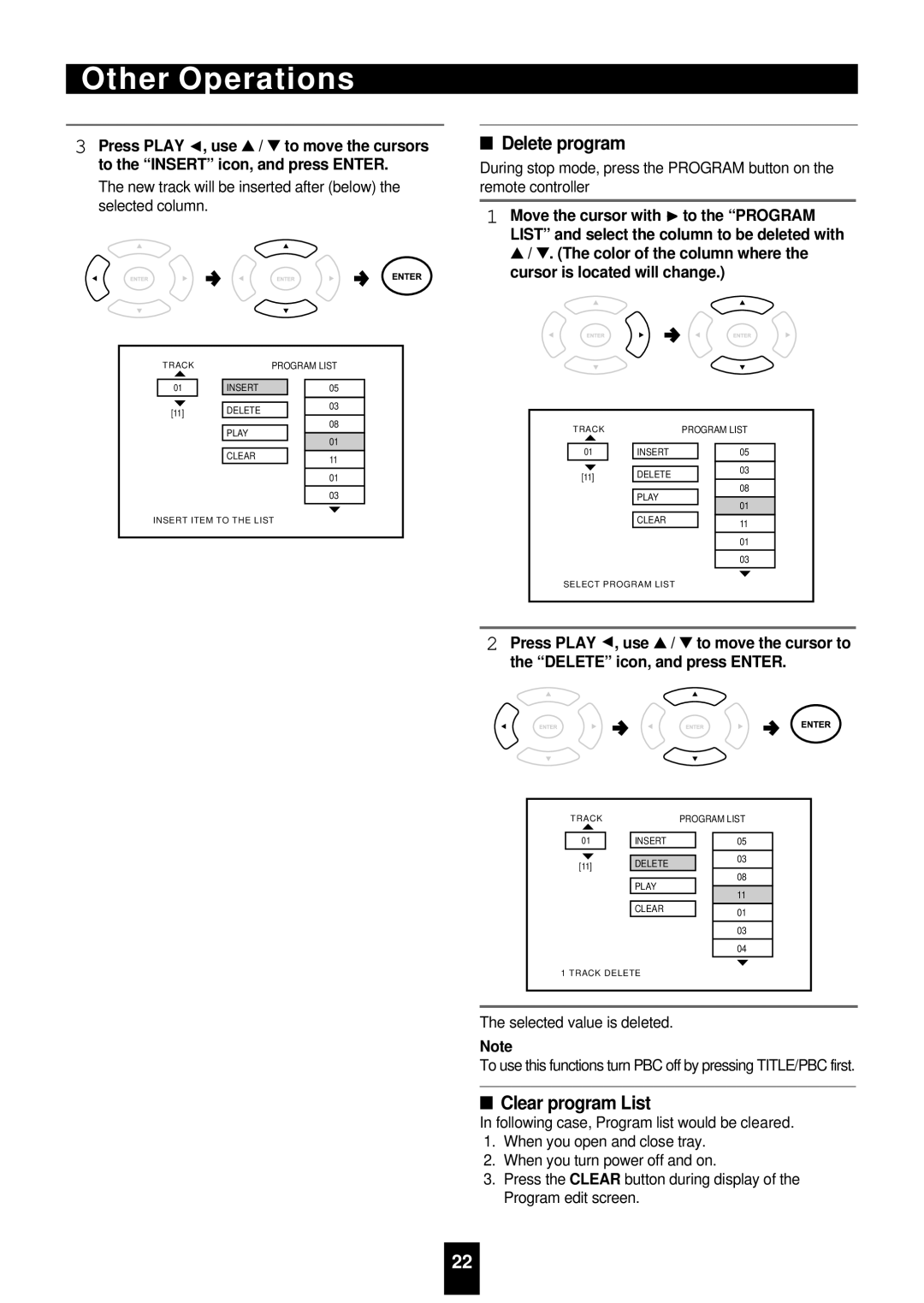 Sherwood VD-4500 manual Delete program, Clear program List, New track will be inserted after below the selected column 