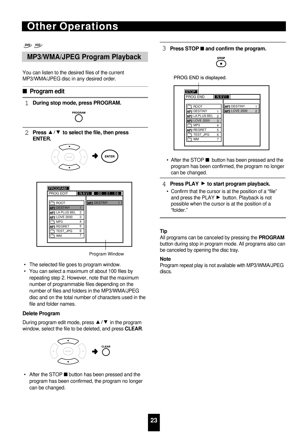 Sherwood VD-4500 manual MP3/WMA/JPEG Program Playback, Enter 