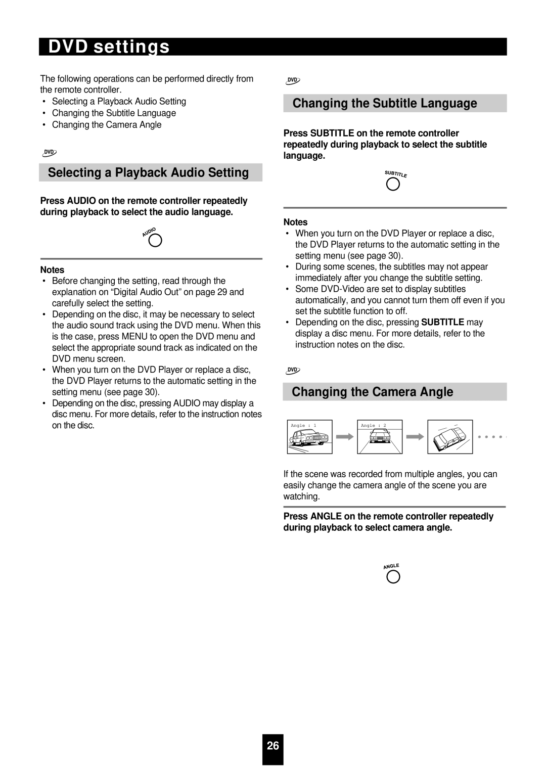 Sherwood VD-4500 manual DVD settings, Selecting a Playback Audio Setting, Changing the Subtitle Language 