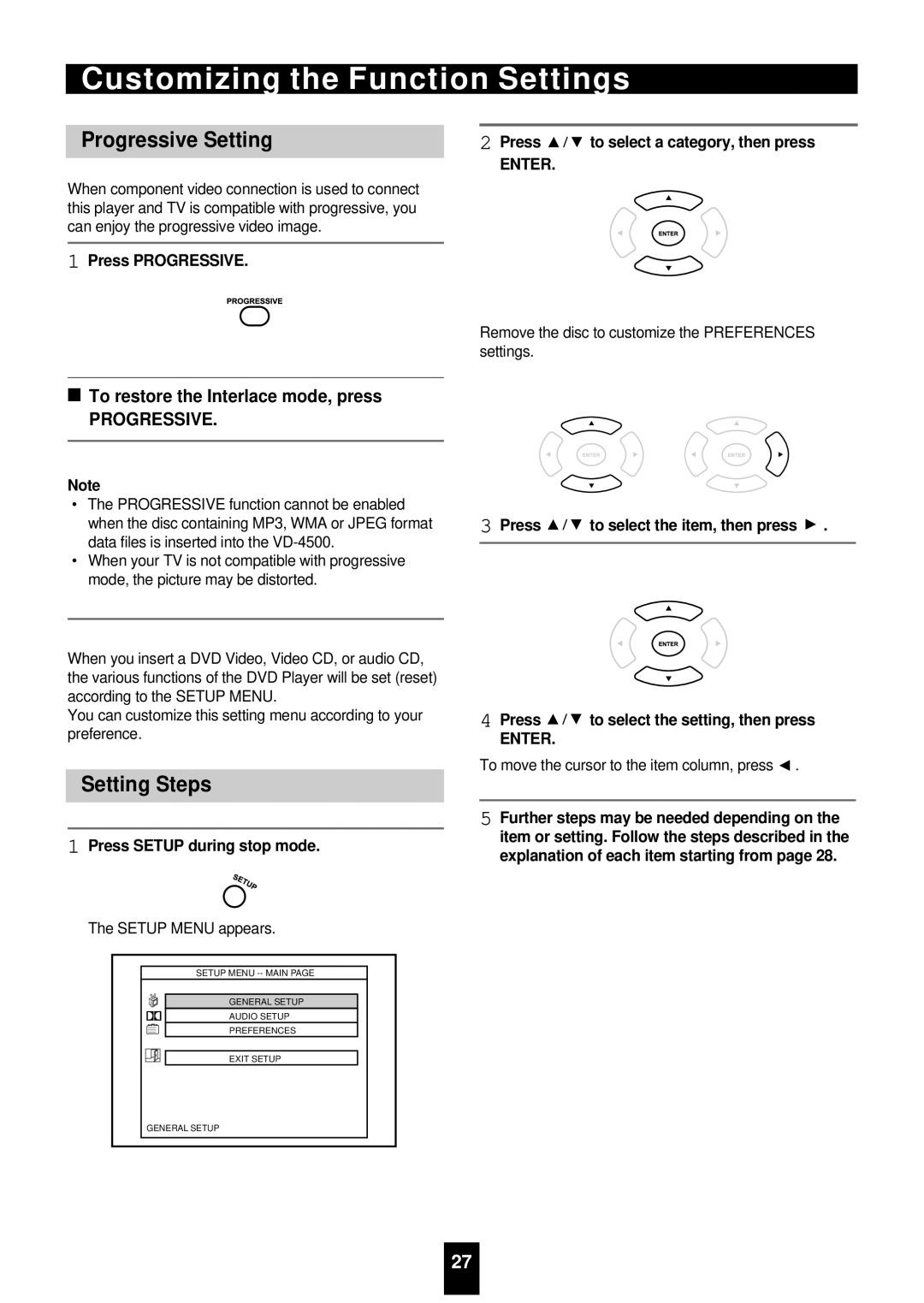 Sherwood VD-4500 manual Customizing the Function Settings, Progressive Setting, Setting Steps 